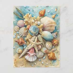 Küstenstrand Muscheln Seestern Aquarell-Kunst Postkarte