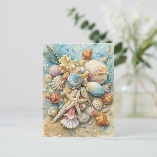 Küstenstrand Seashells Starfish Wasserfarben Kunst Postkarte (Stehend Vorderseite)