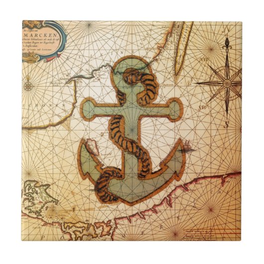 Küstenstrand-Seekarten-Vintager Anker Fliese (Vorderseite)