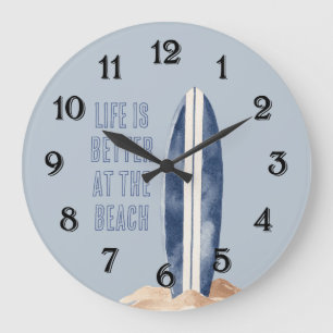 Küstenstrandsand Blau Weiße Surfboard Große Wanduhr