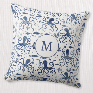Küstentaucherblau-Aquarell-Untersee-Oktopus-Monogr Kissen
