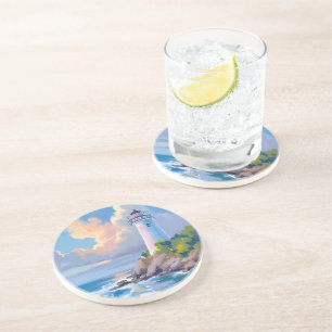 Küstenteleuchtturm   Blaue Meereswellen See Getränkeuntersetzer