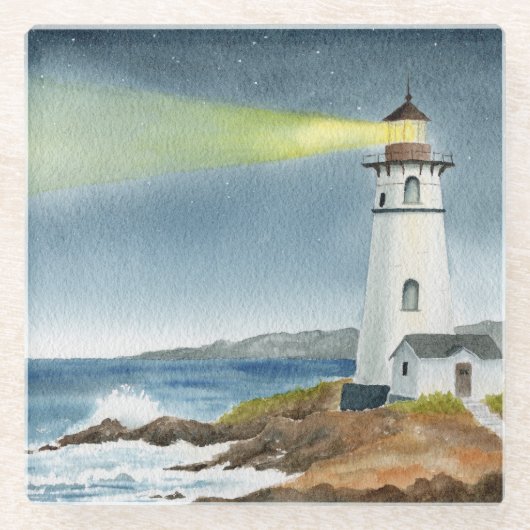Küstenteleuchtturm mit Lichtstrahl Glasuntersetzer (Vorderseite)