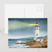 Küstenteleuchtturm mit Lichtstrahl Postkarte (Vorne/Hinten)