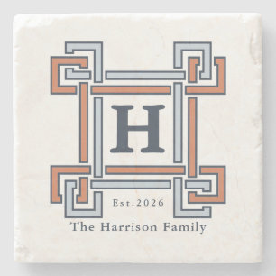 Küstenterrakotta Himmelblau Monogramm Familienname Steinuntersetzer