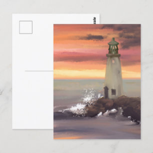 Küstenteuchtturm mit rosa und orangefarbenem Himme Postkarte
