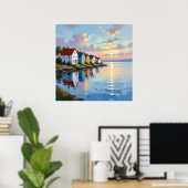 Küstenthema | Strandhäuser an der Bucht   Poster (Heimbüro)