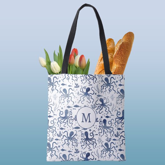 Küstentiefblau-Aquarell-Unterwasser-Oktopus-Monogr Tasche