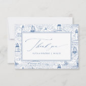 Küstentoile-Leuchtturm Blaue Hochzeit Dankeskarte (Vorderseite)