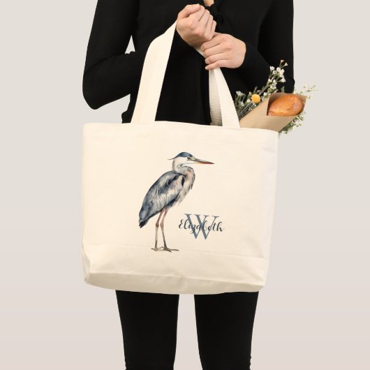 Küstenton Blau Reiher Vogel Monogramm Jumbo Stoffbeutel (Vorderseite (Produkt))