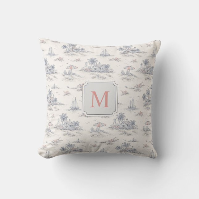 Küstentrope Toile de Jouy Monogramm Name Kissen (Vorderseite)