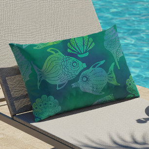Küstentuch Batik Fisch Muscheln Muster Blau Kissen Für Draußen