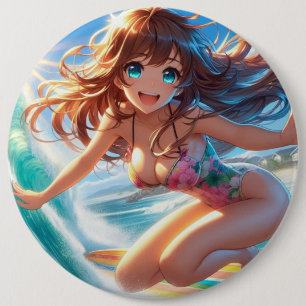 Küstentyp/nautischer/tropischer Anime-Surfergirl Button