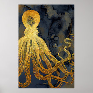 Küstenvintage Gold Blau Schwarzer Oktopus Aquarell Poster