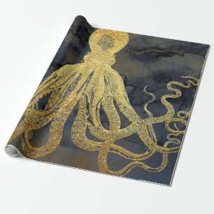 Küstenvintage Gold Schwarzer Oktopus Tinte Wasserf Geschenkpapier