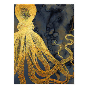 Küstenvintage-Oktopus Gold Schwarz Blau Aquarell Fotodruck