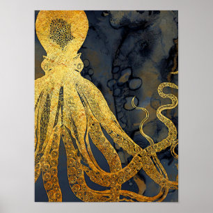 Küstenvintage Oktopus Gold Schwarz Blau Aquarell Poster