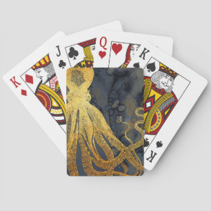 Küstenvintage-Oktopus Gold Schwarz Blau Aquarell Spielkarten