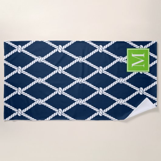 Küstenvornehm-nautisches Monogramm – Marine & Lime Strandtuch (Vorderseite)