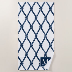 Küstenvornehm Nautisches Monogramm – Weiß & Navy Strandtuch