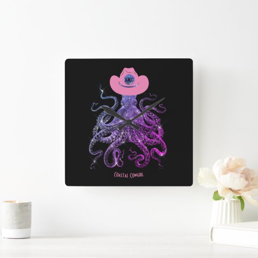 Küstenwache Silver Pink Monogram Wall Clock Quadratische Wanduhr (Zuhause)