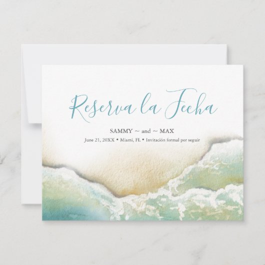 Küstenwasserfarbe Save the Date auf Spanisch (Vorderseite)