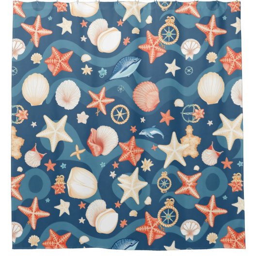 Küstenwaves & Seashells Duschvorhang (Vorderseite)