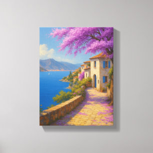 Küstenweg mit Lila Blossom und Blick aufs Meer Kun Leinwanddruck