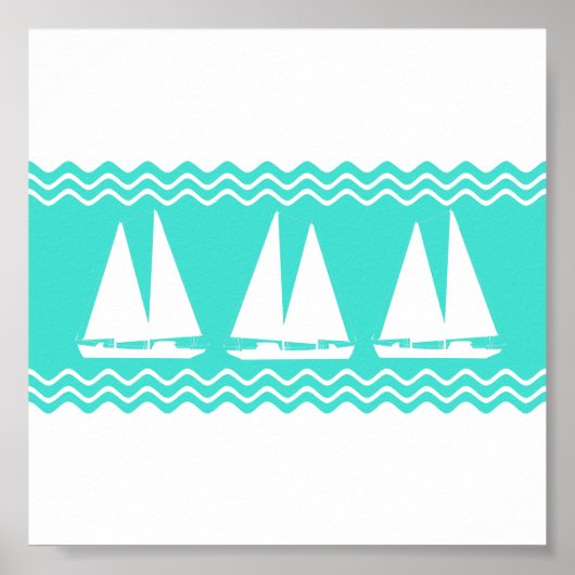 Küstenweiß Türkis Stripe Sailboat Muster Poster (Vorne)