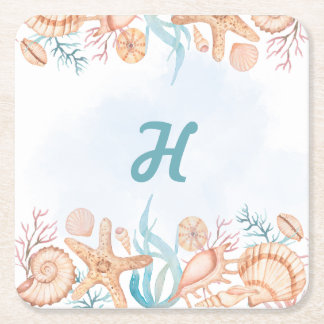 Küstermuschel-Monogramm Buchstabe H Getränkeunters Rechteckiger Pappuntersetzer