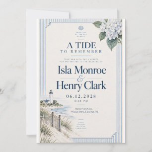 Küstige Hydrangea-Leuchtturm-Hochzeit Einladung