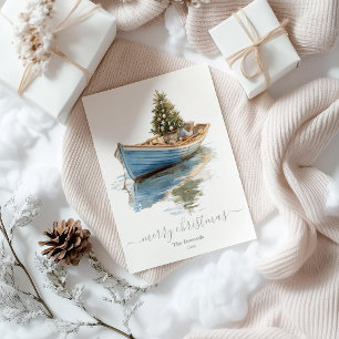 Küstlicher Weihnachtsbaum im Ruderboot-Feiertag Feiertagskarte