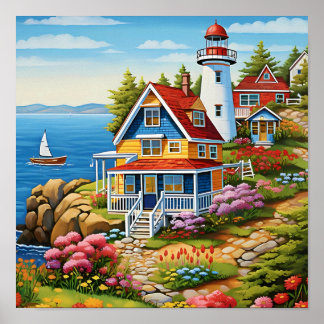 Küstliches Leuchtturm Cottage Ozeanblick Kunst Poster