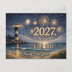 Küstliches Leuchtturm-Feuerwerk Frohes Neues Jahr  Feiertagspostkarte