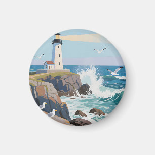 Küstliches Leuchtturm Ozeanwellen Möwen Magnet