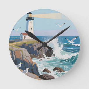 Küstliches Leuchtturm Ozeanwellen Möwen Runde Wanduhr