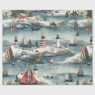 Küstliches Weihnachtsblau Aquarell-Nautik Geschenkpapier