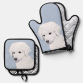 Kuvasz Malerei ungarischer Niedlicher Original Hun Ofenhandschuh & Topflappen-Set (Vorderseite/Rückseite)