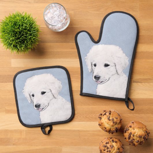 Kuvasz Malerei ungarischer Niedlicher Original Hun Ofenhandschuh & Topflappen-Set (Oben Unten)
