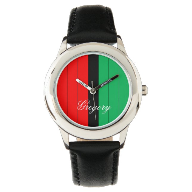 Kwanzaa Red Black Green Kinara Striping Muster Wri Armbanduhr (Vorderseite)