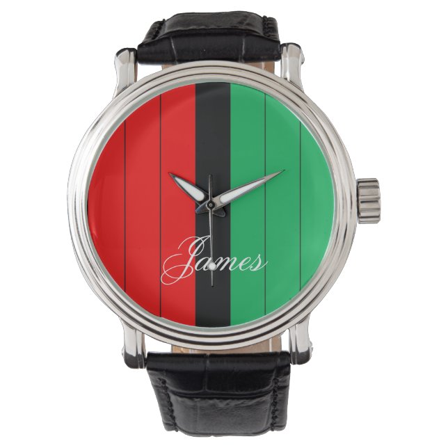 Kwanzaa Red Black Green Kinara Striptes Muster Armbanduhr (Vorderseite)