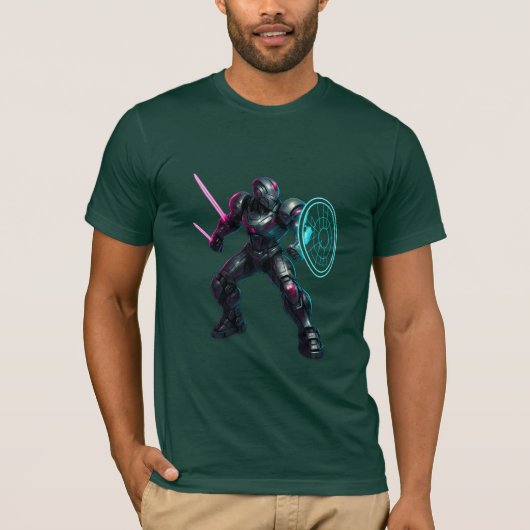 Kybernetischer Gladiator – Neonklingenkrieger T-Shirt (Vorderseite)