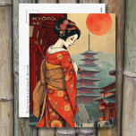 Kyōto 京 都 Japan geisha Vintage Retro-Postkarte Postkarte<br><div class="desc">Diese atemberaubende Postkarte von Kyōto 京 都,  Japan verfügt über eine schöne elegante Geisha,  Pagode-Tempel und eine große rote Sonne - ein Symbol Japans.</div>