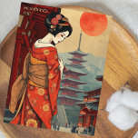 Kyōto 京 都 Japan geisha Vintage Retro-Postkarte Postkarte<br><div class="desc">Diese atemberaubende Postkarte von Kyōto 京 都,  Japan verfügt über eine schöne elegante Geisha,  Pagode-Tempel und eine große rote Sonne - ein Symbol Japans.</div>