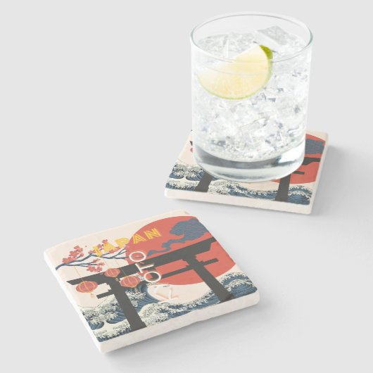 Kyōto Japan Reisekunst, Retro Reisekunst Steinuntersetzer (Seitenansicht)