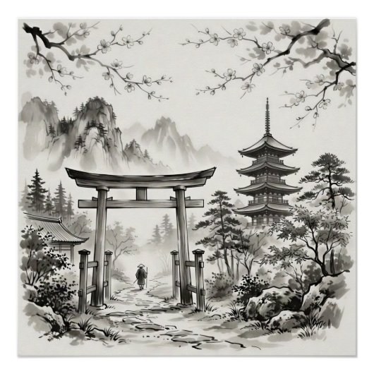 Kyoto Japan Tusche-Landschaft Poster (Vorderseite)