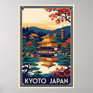 Kyoto Japan Vintage Goldenes Pavillon Illustration Poster