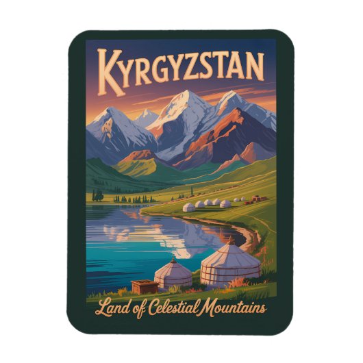 Kyrgyzstan Mountains Illustration Travel Art Vinta Magnet (Vertikal)