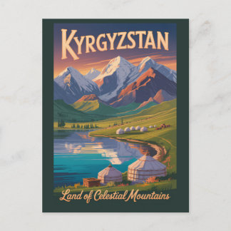 Kyrgyzstan Mountains Illustration Travel Art Vinta Postkarte