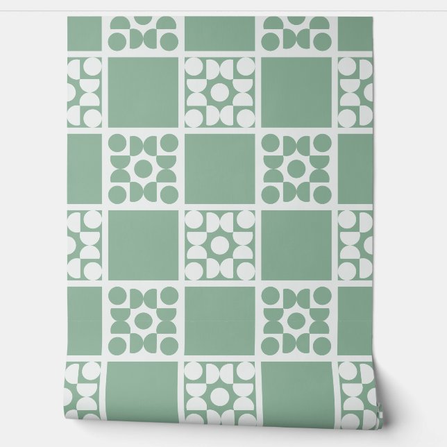 (L) 2502223C Retro Geometric Tiles Green Tapete (Abrollen)